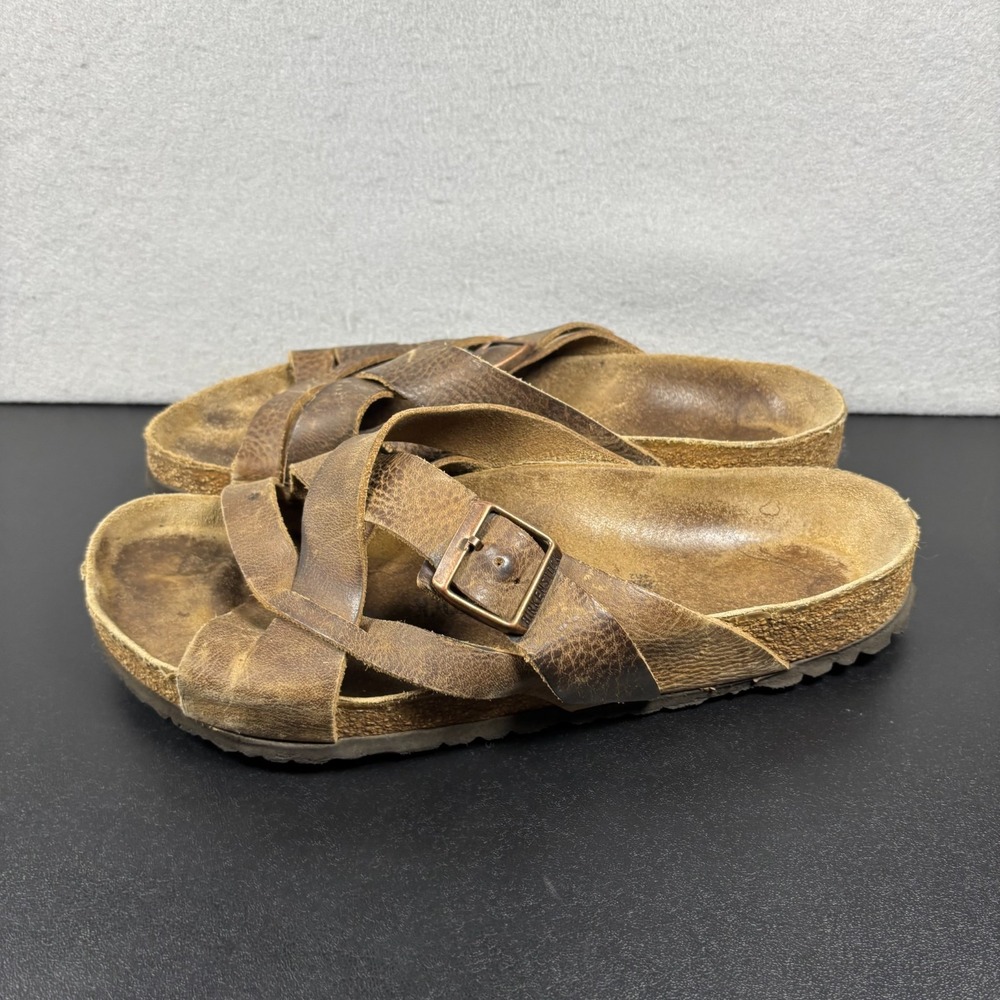 Birkenstock Lugano Brown Oiled Leather Slip On Strappy Sandals Men's Size 45/12